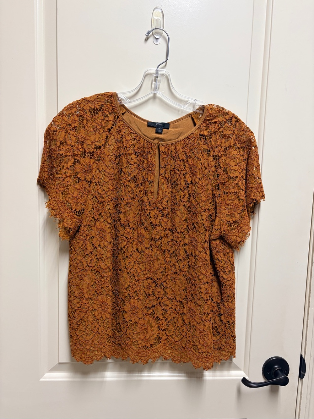 J. Crew Rust/Gold Floral Lace Short Sleeve Blouse, lined with raglan sleeves